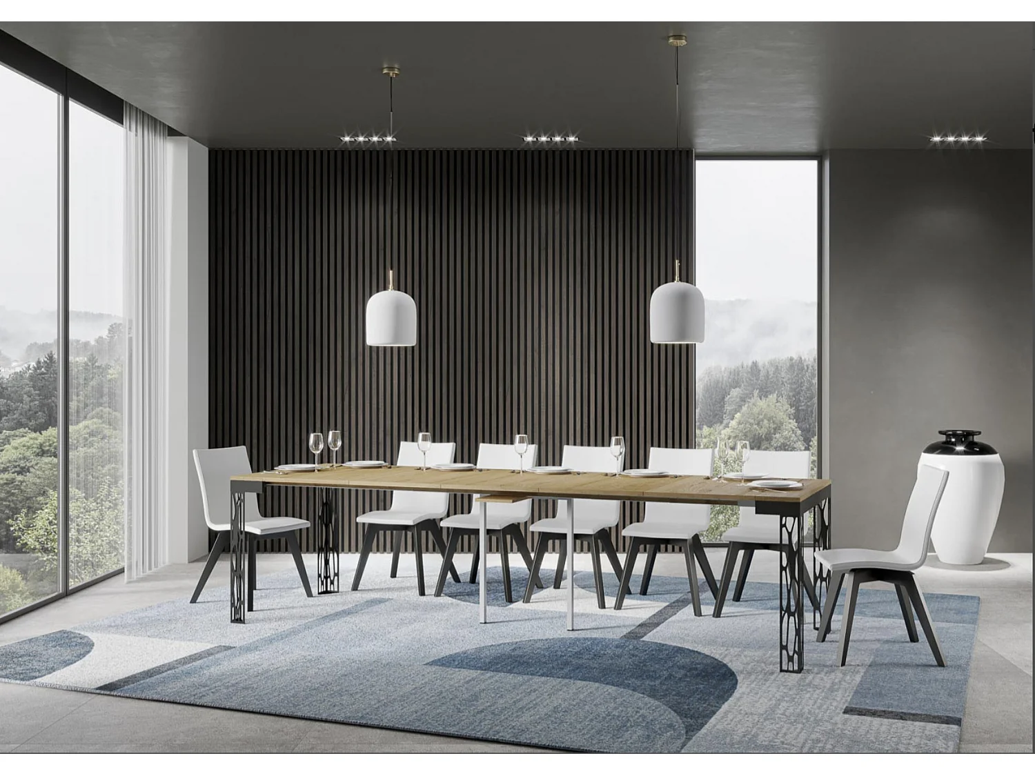 Consola extensible de diseño en madera y acero antracita Kiza Evolution-Color Natural-Base y soporte con ruedas-Alargaderas 5 extensiones