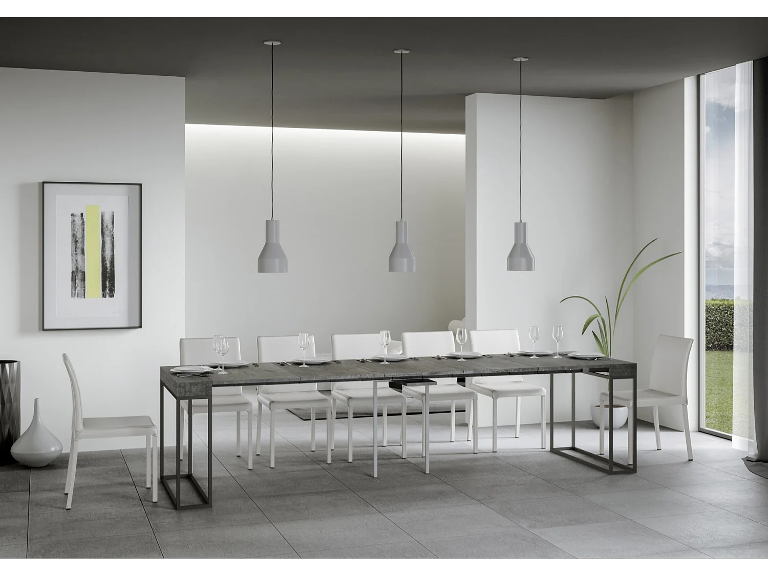 Console extensible bois et 3 pieds acier anthracite Epika-Couleur Gris ciment-Sur roulettes-5 rallonges fines