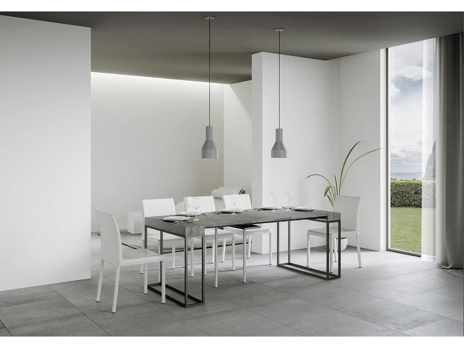 Console extensible bois et 3 pieds acier anthracite Epika-Couleur Gris ciment-Sur roulettes-5 rallonges fines