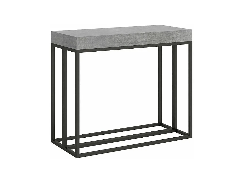Console extensible bois et 3 pieds acier anthracite Epika-Couleur Gris ciment-Sur roulettes-5 rallonges fines