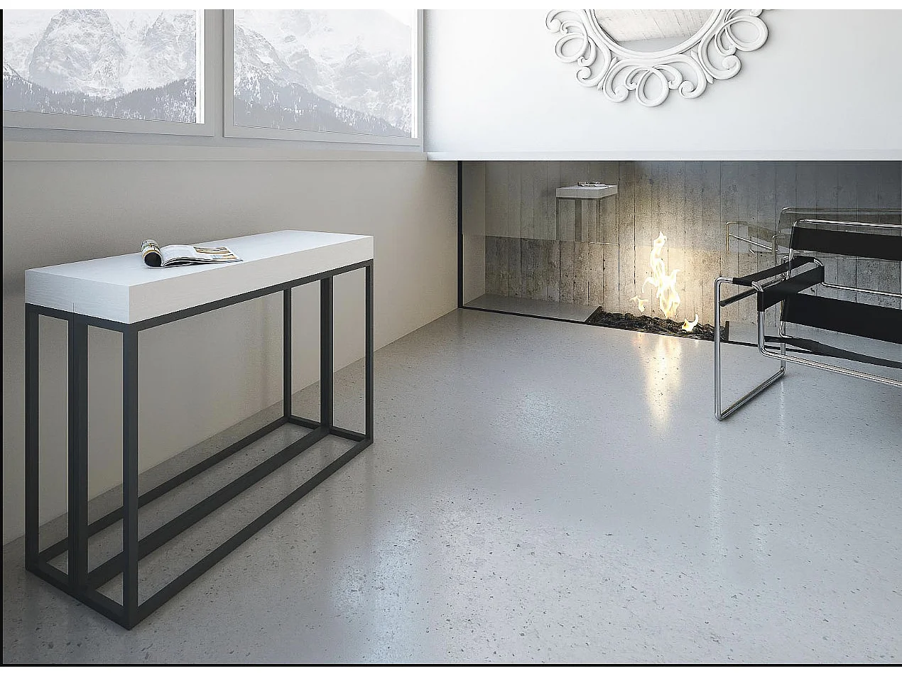 Console extensible bois et 3 pieds acier anthracite Epika-Couleur Blanc-Sur roulettes-5 rallonges fines