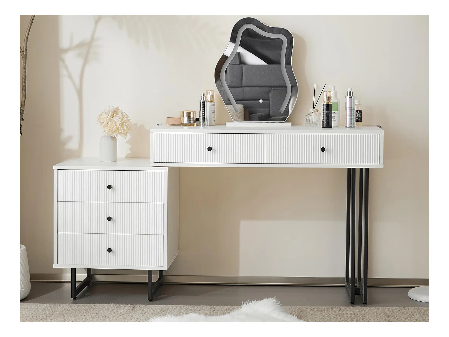 Coiffeuse avec miroir à LED - 2 tiroirs et une armoire amovible - Blanc (tabouret non inclus)