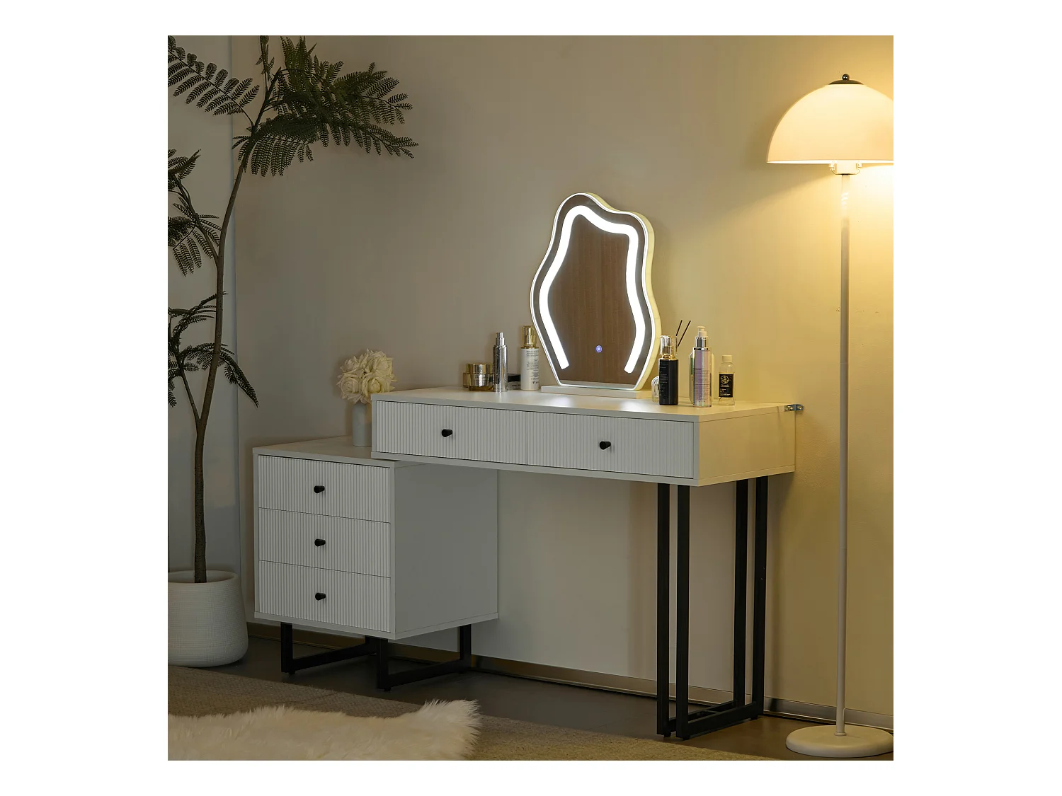 Coiffeuse avec miroir à LED - 2 tiroirs et une armoire amovible - Blanc (tabouret non inclus)
