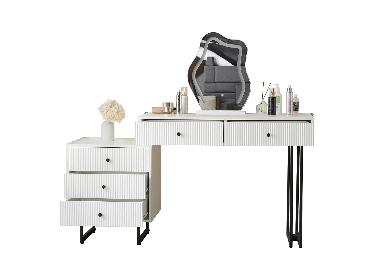 Coiffeuse avec miroir à LED - 2 tiroirs et une armoire amovible - Blanc (tabouret non inclus)