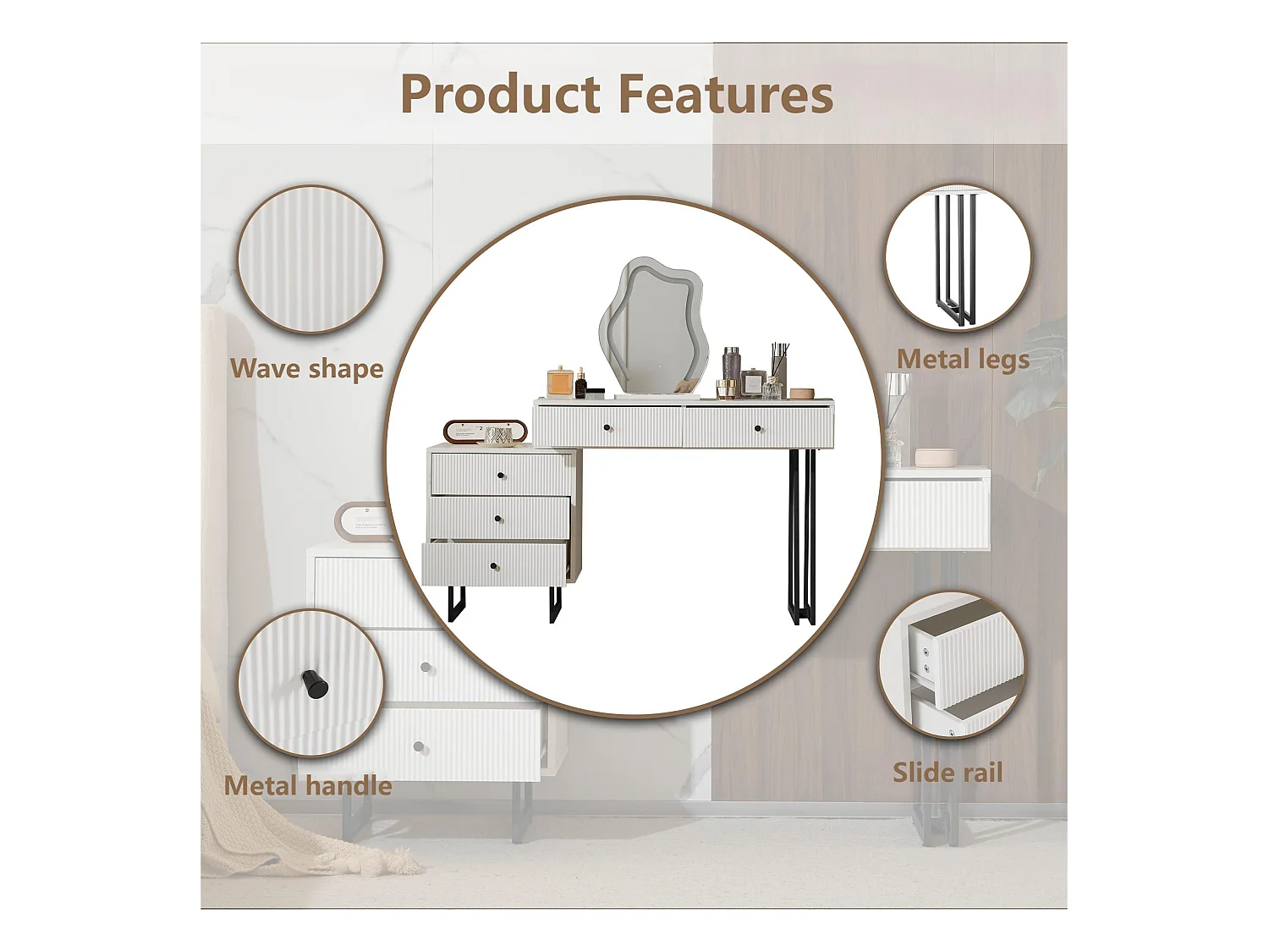 Coiffeuse avec miroir à LED - 2 tiroirs et une armoire amovible - Blanc (tabouret non inclus)