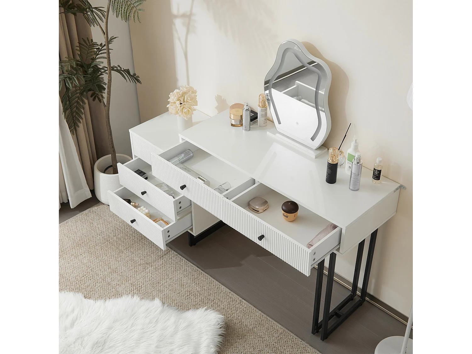 Coiffeuse avec miroir à LED - 2 tiroirs et une armoire amovible - Blanc (tabouret non inclus)