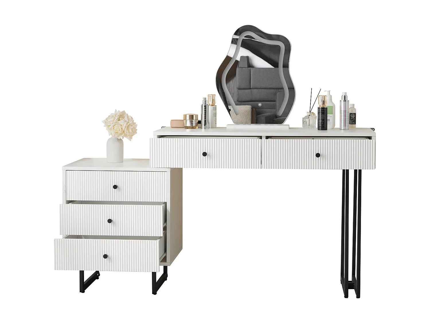 Coiffeuse avec miroir à LED - 2 tiroirs et une armoire amovible - Blanc (tabouret non inclus)