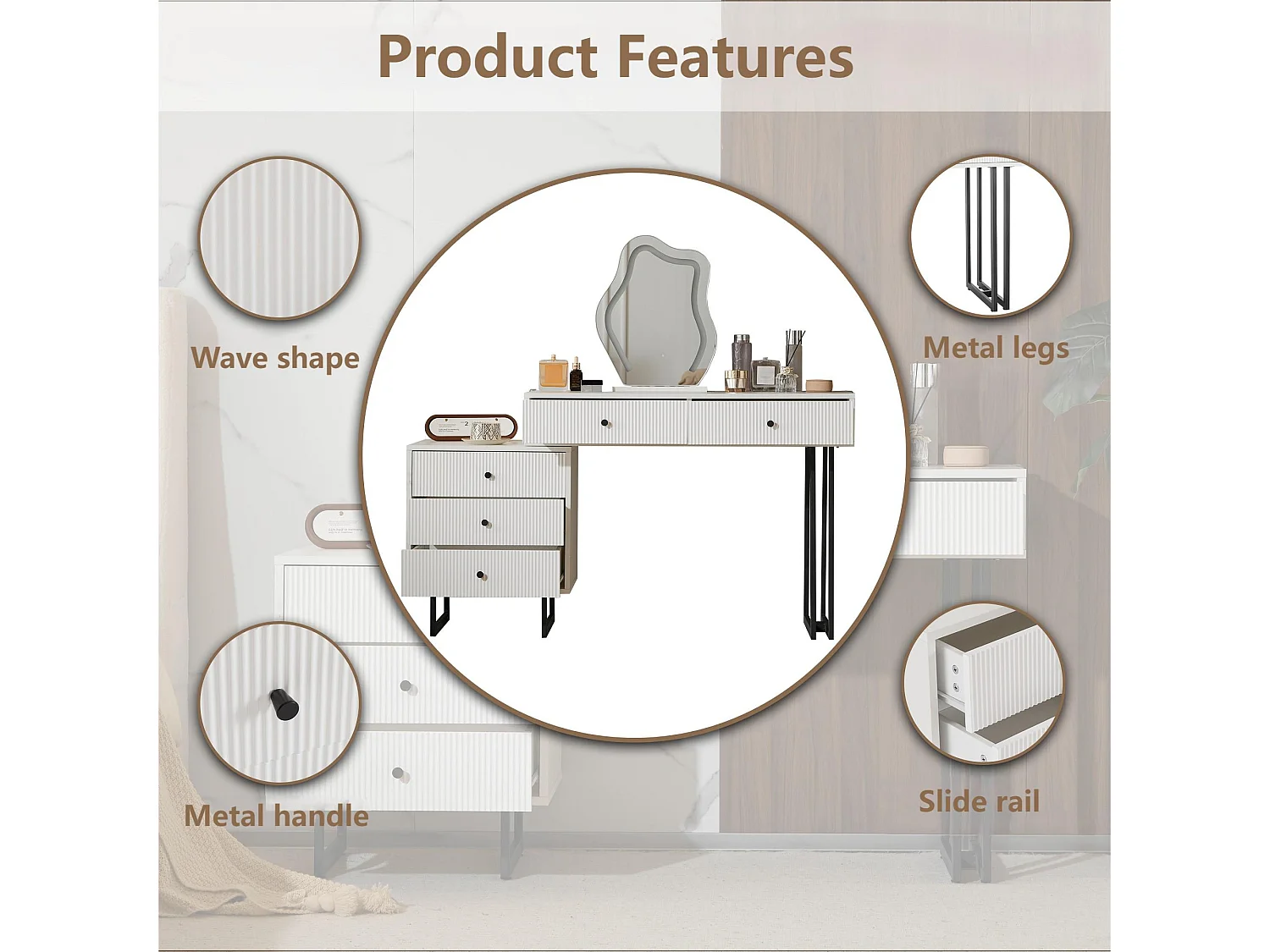 Coiffeuse avec miroir à LED - 2 tiroirs et une armoire amovible - Blanc (tabouret non inclus)