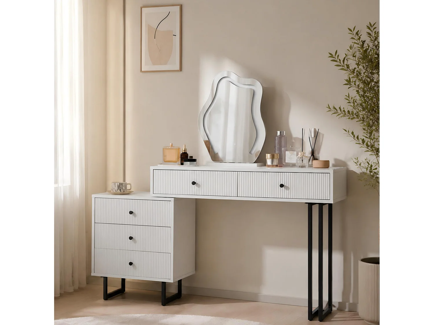 Coiffeuse avec miroir à LED - 2 tiroirs et une armoire amovible - Blanc (tabouret non inclus)
