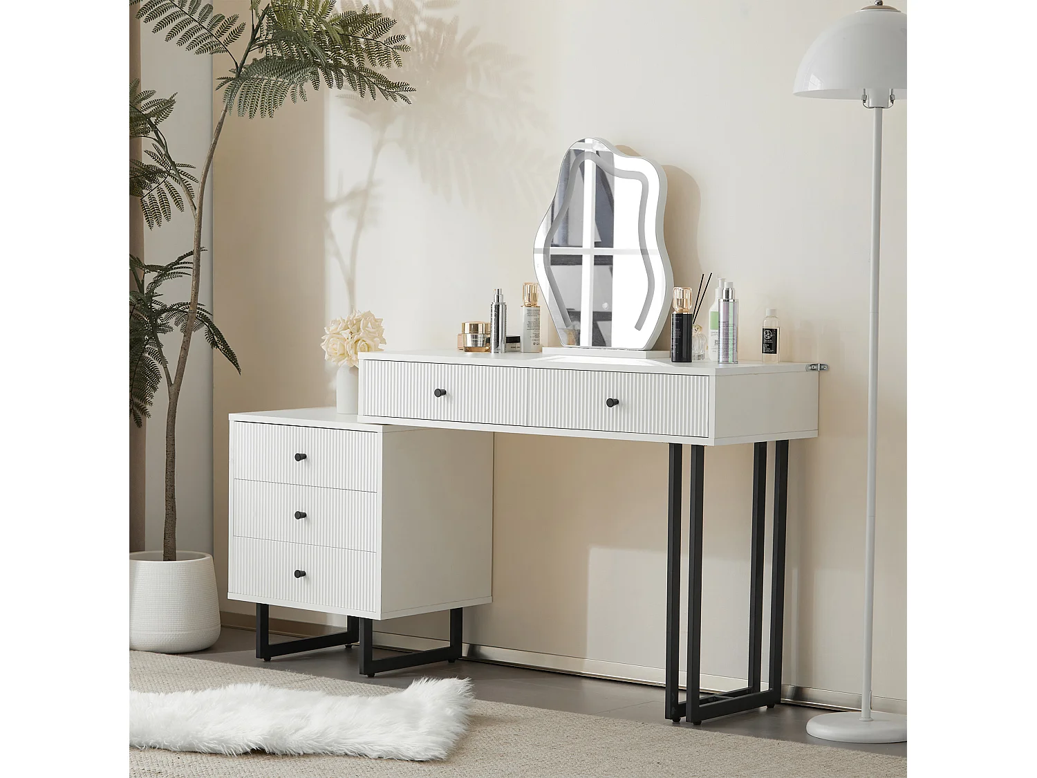 Coiffeuse avec miroir à LED - 2 tiroirs et une armoire amovible - Blanc (tabouret non inclus)