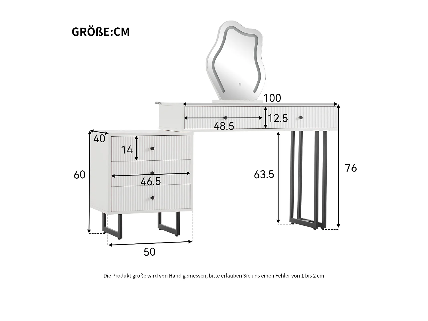 Coiffeuse avec miroir à LED - 2 tiroirs et une armoire amovible - Blanc (tabouret non inclus)