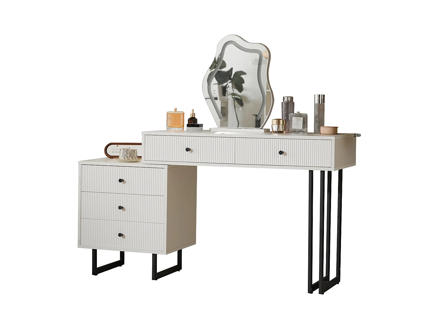 Coiffeuse avec miroir à LED - 2 tiroirs et une armoire amovible - Blanc (tabouret non inclus)