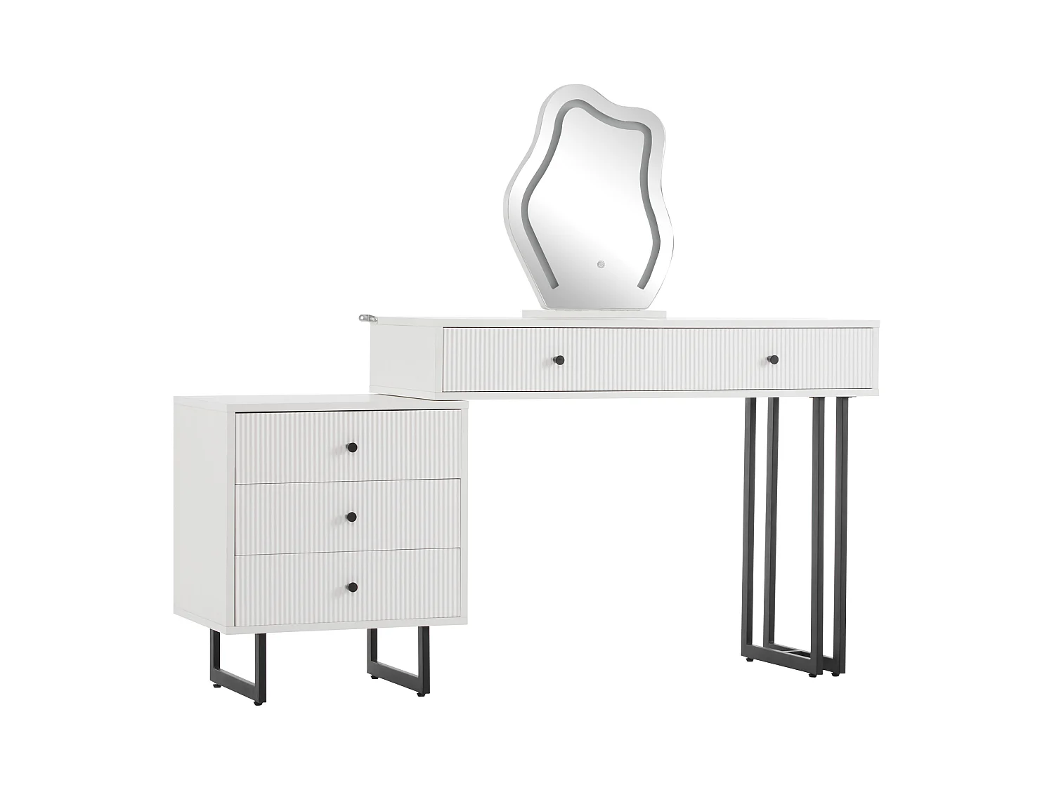 Coiffeuse avec miroir à LED - 2 tiroirs et une armoire amovible - Blanc (tabouret non inclus)
