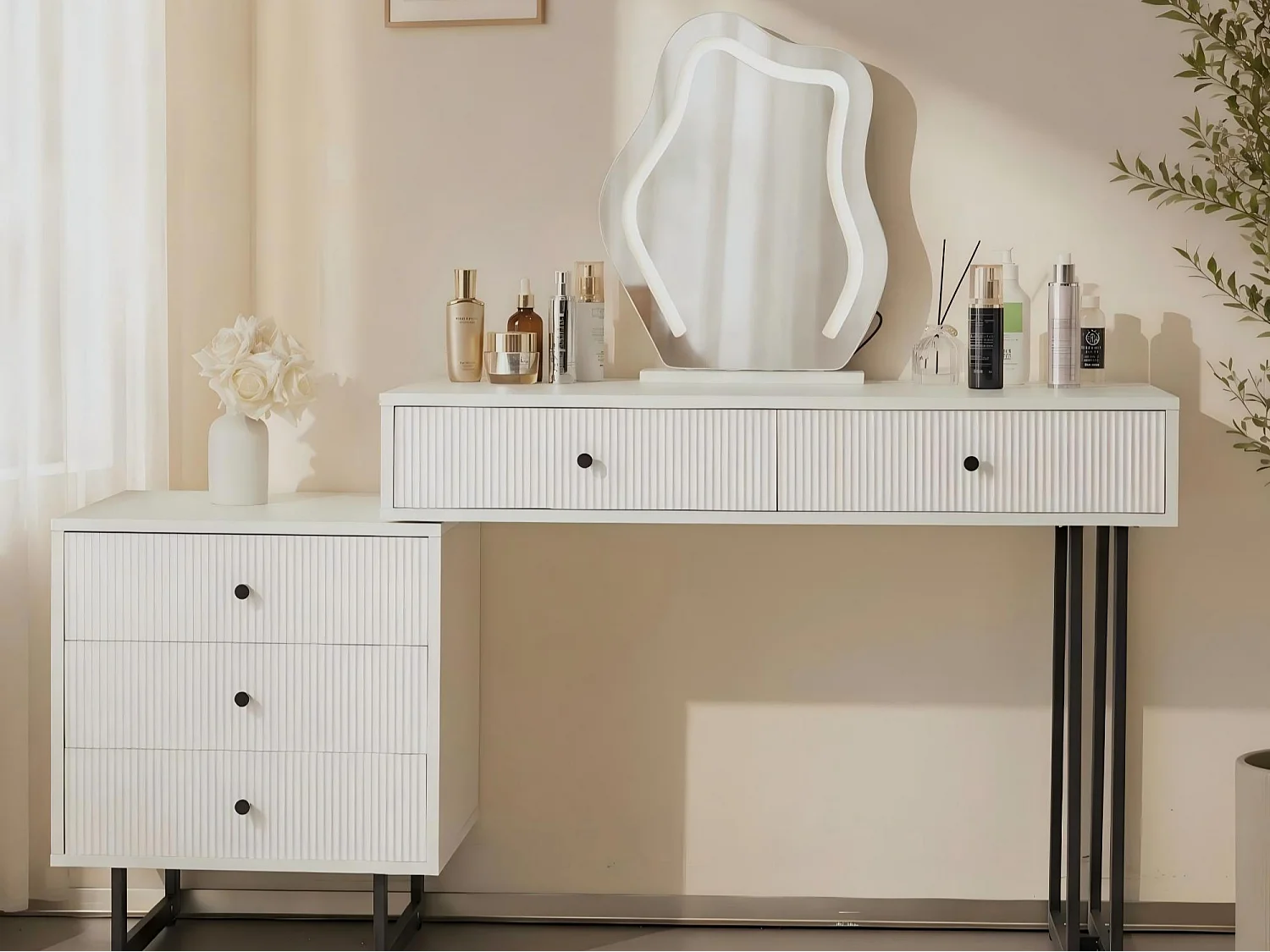Coiffeuse avec miroir à LED - 2 tiroirs et une armoire amovible - Blanc (tabouret non inclus)
