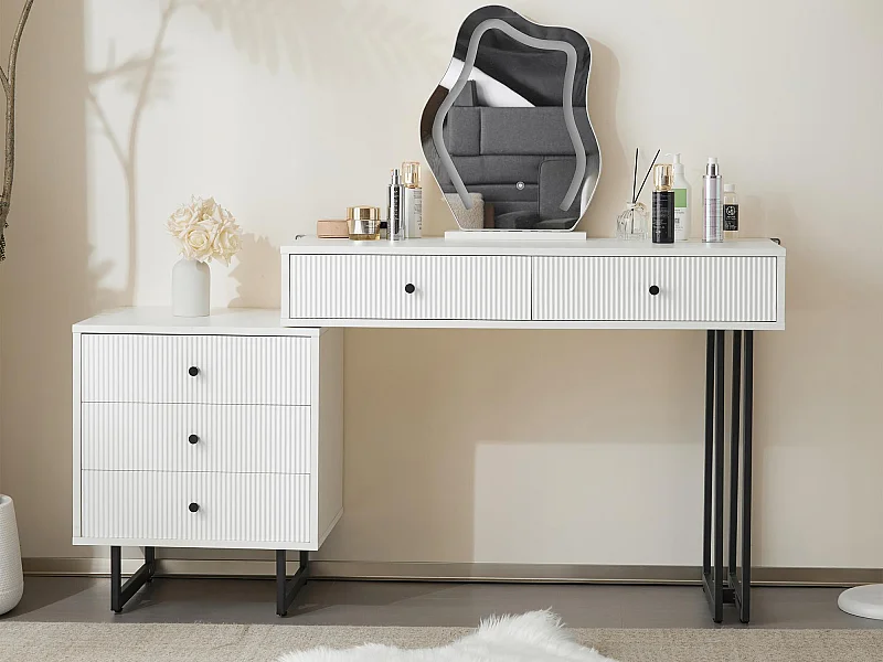 Coiffeuse avec miroir à LED - 2 tiroirs et une armoire amovible - Blanc (tabouret non inclus)