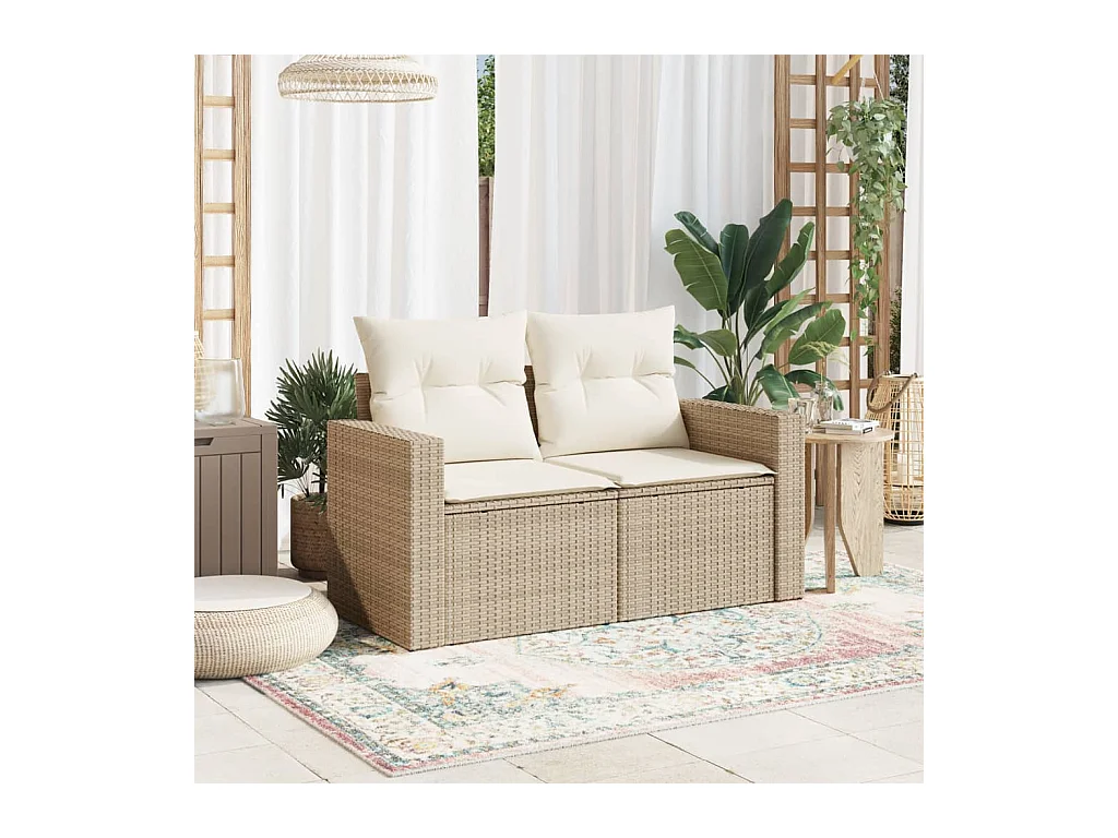 Canapé de jardin avec coussins 2 places beige résine tressée