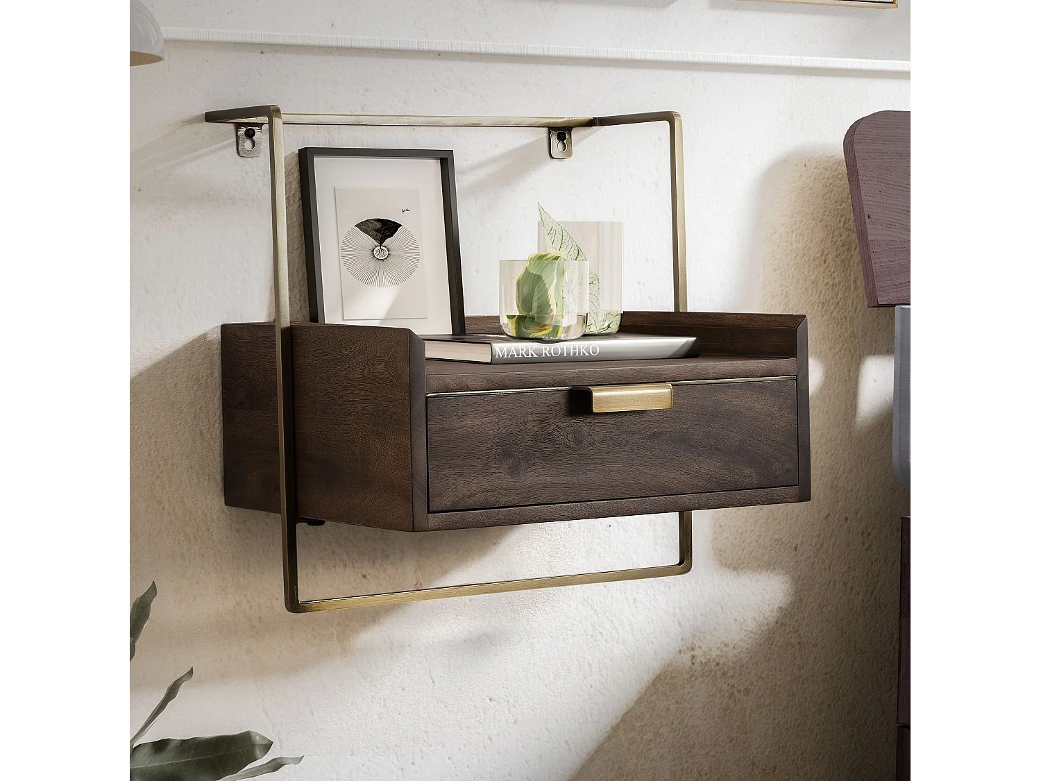 Table de Chevet Murale Bois Massif Métal Flottante de Nuit 44x45x35 cm