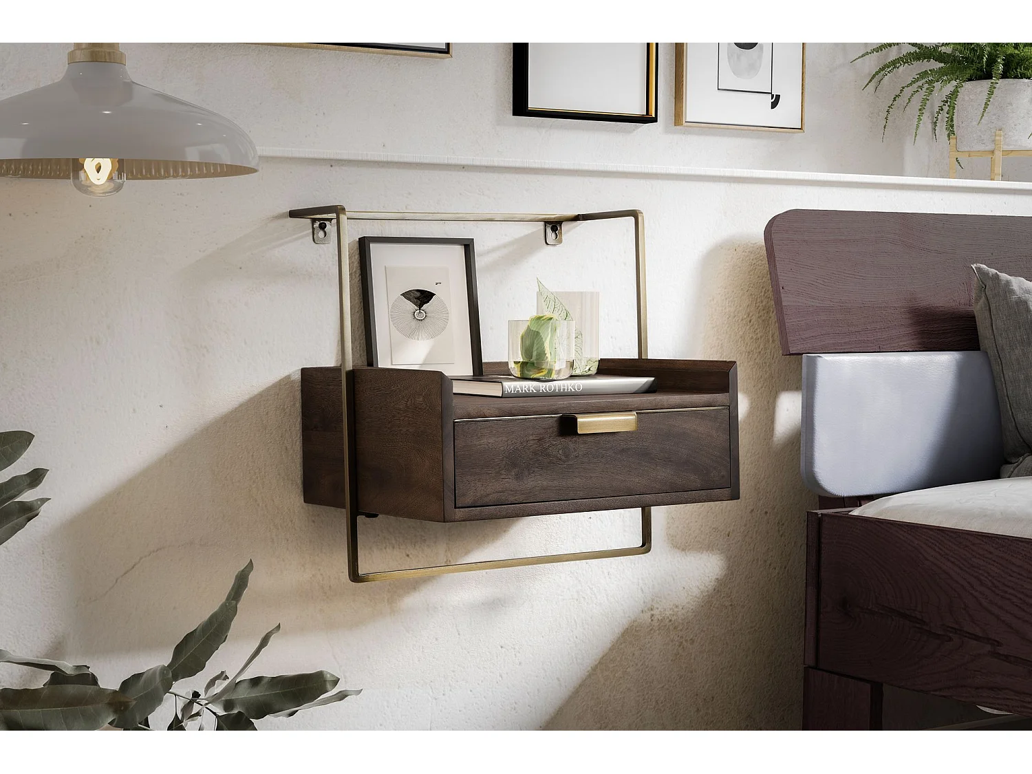 Table de Chevet Murale Bois Massif Métal Flottante de Nuit 44x45x35 cm