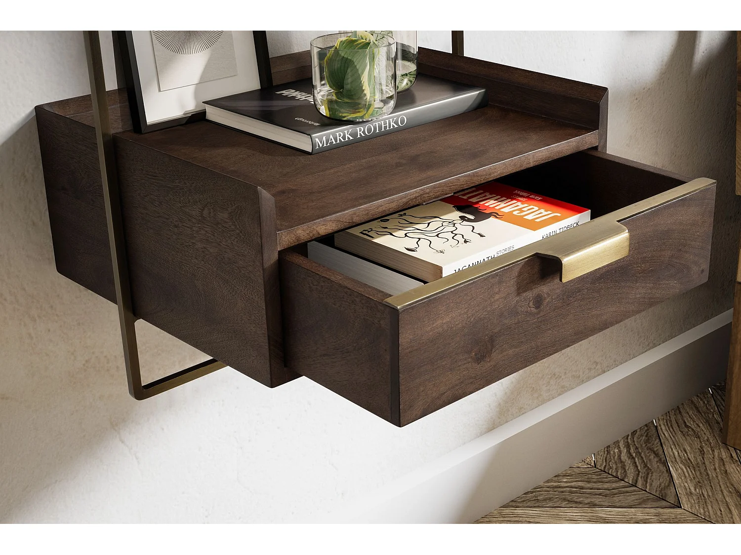 Table de Chevet Murale Bois Massif Métal Flottante de Nuit 44x45x35 cm