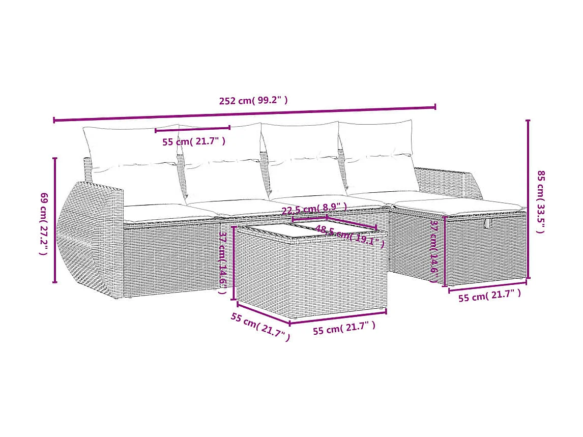 Salon de jardin avec coussins 6 pcs beige résine tressée