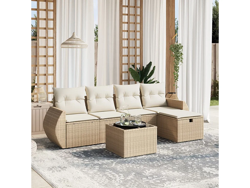 Salon de jardin avec coussins 6 pcs beige résine tressée