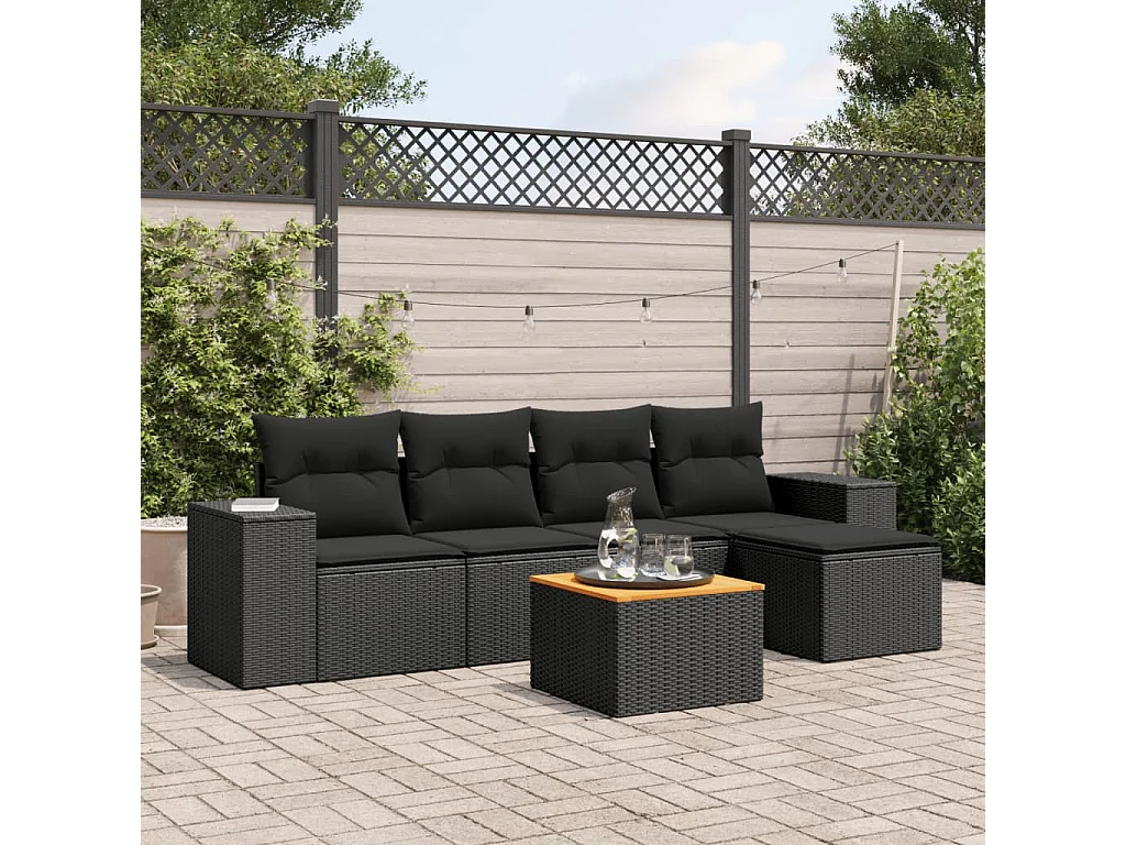Salon de jardin 6 pcs avec coussins noir résine tressée