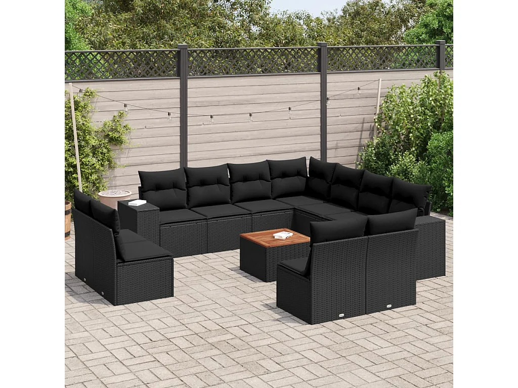 Salon de jardin 12 pcs avec coussins noir résine tressée