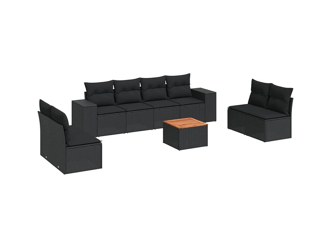 Salon de jardin 9 pcs avec coussins noir résine tressée