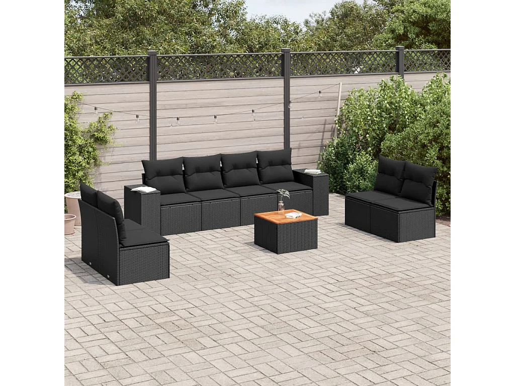 Salon de jardin 9 pcs avec coussins noir résine tressée