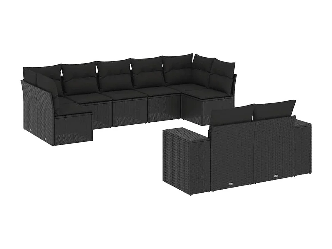 Salon de jardin 9 pcs avec coussins noir résine tressée