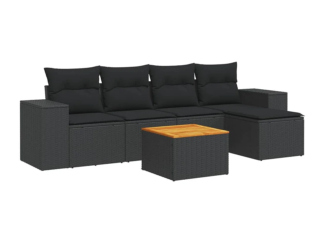 Salon de jardin 6 pcs avec coussins noir résine tressée