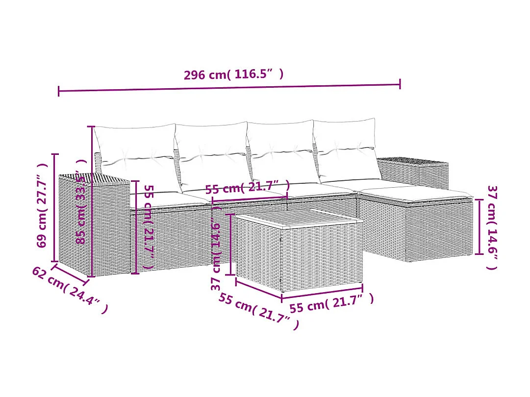 Salon de jardin 6 pcs avec coussins noir résine tressée
