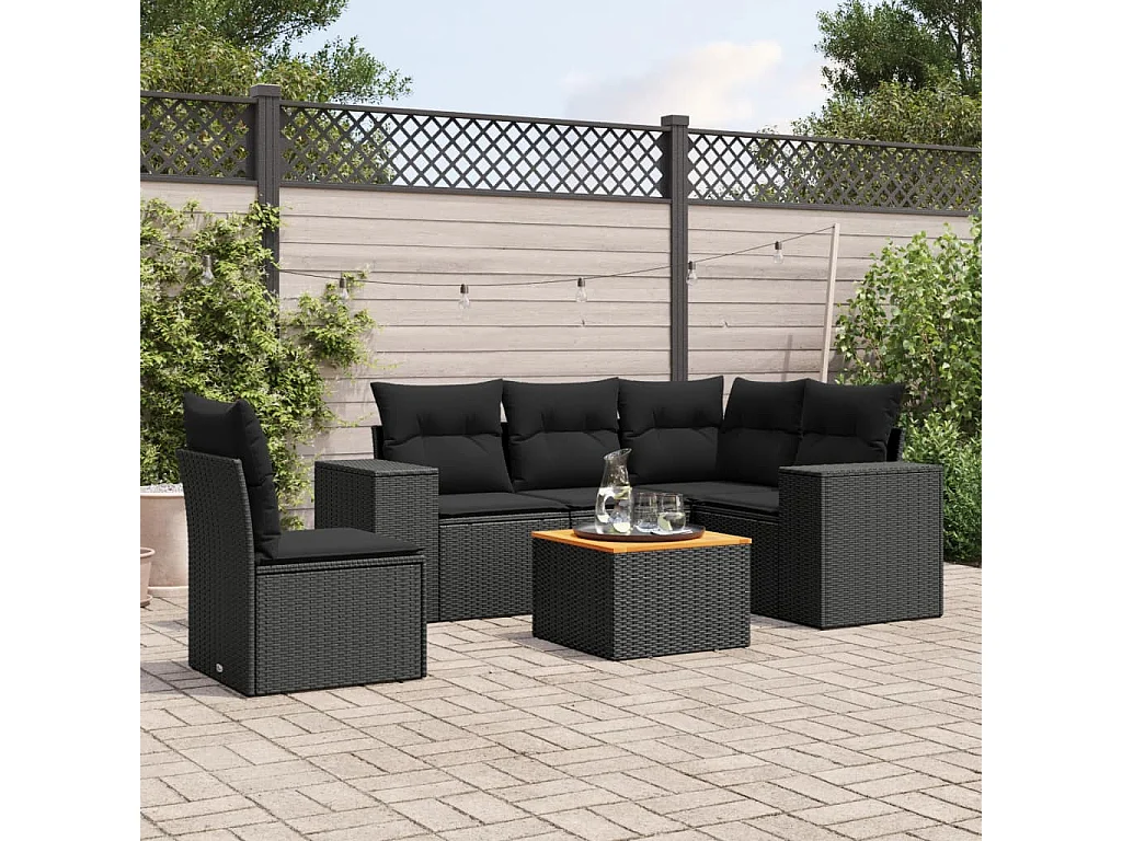 Salon de jardin 6 pcs avec coussins noir résine tressée