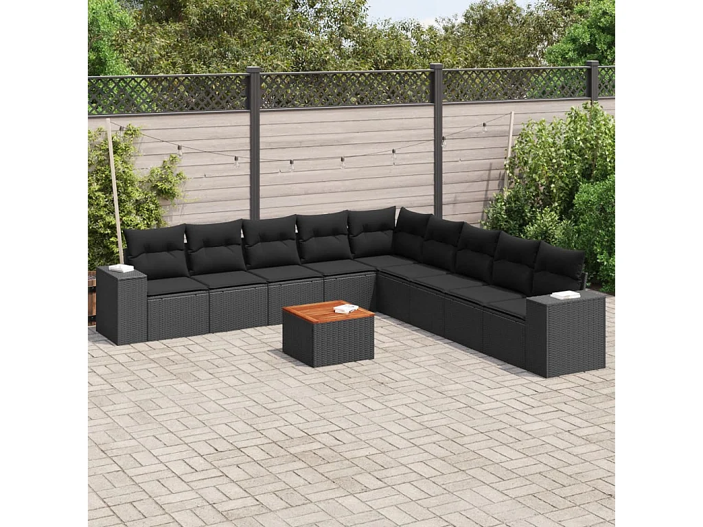Salon de jardin 10 pcs avec coussins noir résine tressée