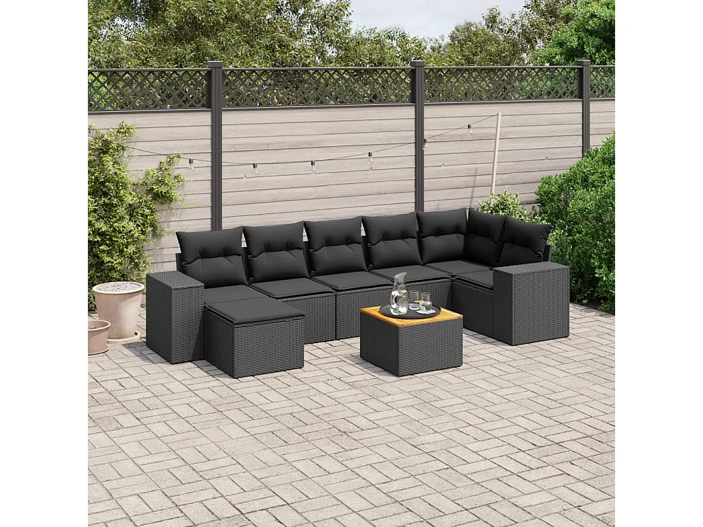 Salon de jardin 8 pcs avec coussins noir résine tressée