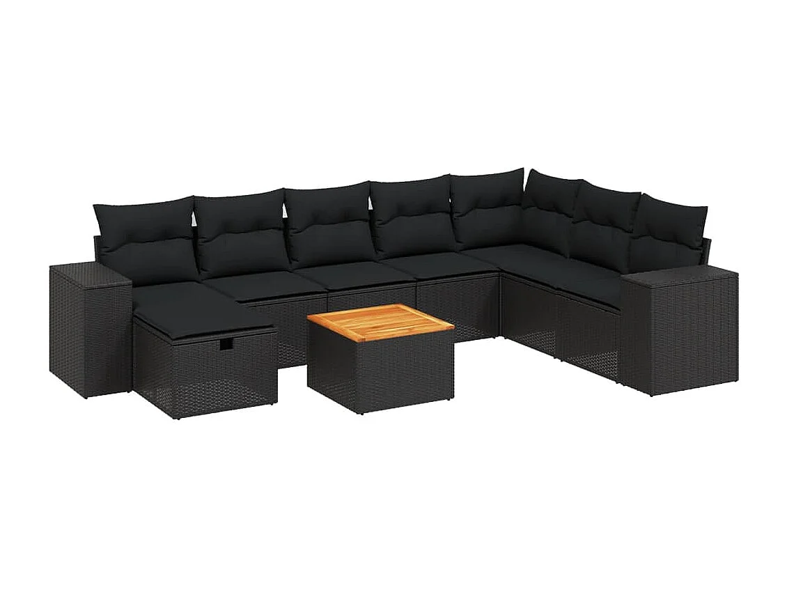Salon de jardin 9 pcs avec coussins noir résine tressée