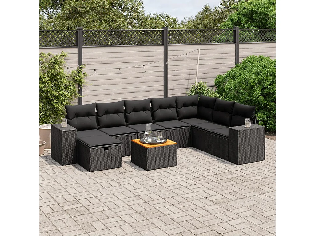 Salon de jardin 9 pcs avec coussins noir résine tressée