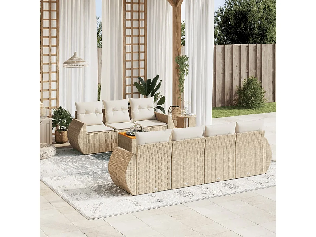 Salon de jardin avec coussins 8 pcs beige résine tressée
