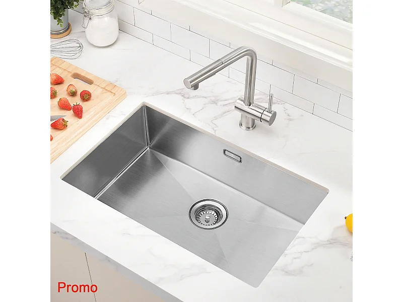 AuraLum Max Évier Cuisine 1 Bac 70*44*19CM Évier Montage à Encastrer,à Fleur/Sous-Plan Acier Inox 304 Évier Brossé avec Siphon/Trop-Plein,EU Modèle