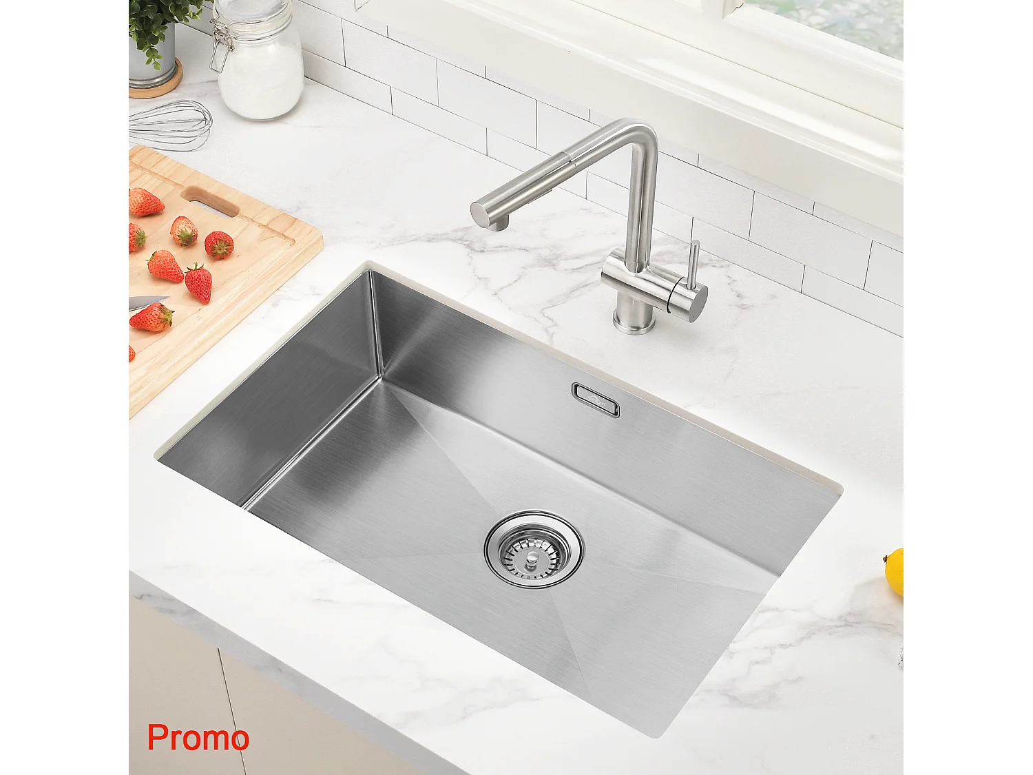 AuraLum Max Évier Cuisine 1 Bac 70*44*19CM Évier Montage à Encastrer,à Fleur/Sous-Plan Acier Inox 304 Évier Brossé avec Siphon/Trop-Plein,EU Modèle