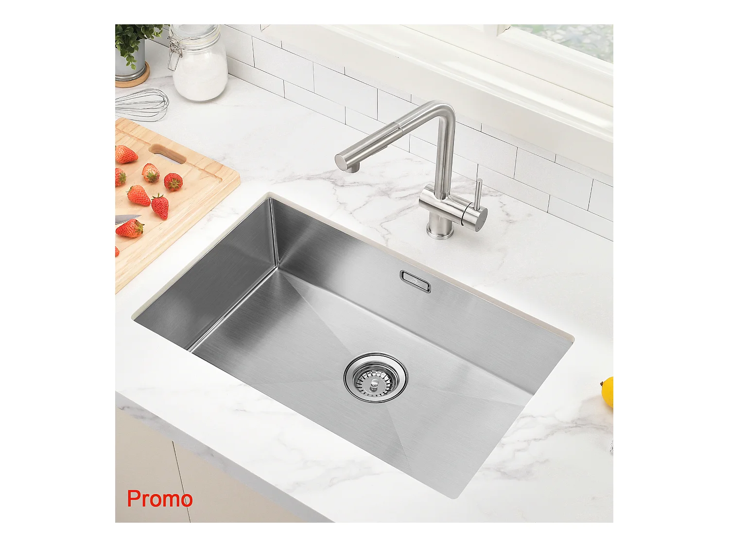 AuraLum Max Évier Cuisine 1 Bac 70*44*19CM Évier Montage à Encastrer,à Fleur/Sous-Plan Acier Inox 304 Évier Brossé avec Siphon/Trop-Plein,EU Modèle