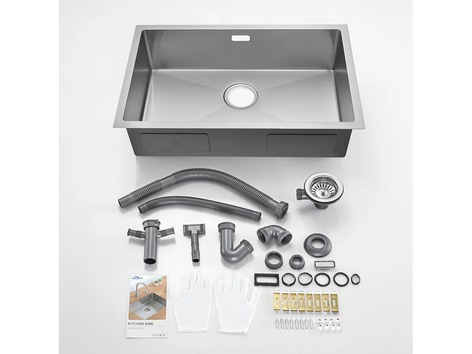 AuraLum Max Évier Cuisine 1 Bac 70*44*19CM Évier Montage à Encastrer,à Fleur/Sous-Plan Acier Inox 304 Évier Brossé avec Siphon/Trop-Plein,EU Modèle