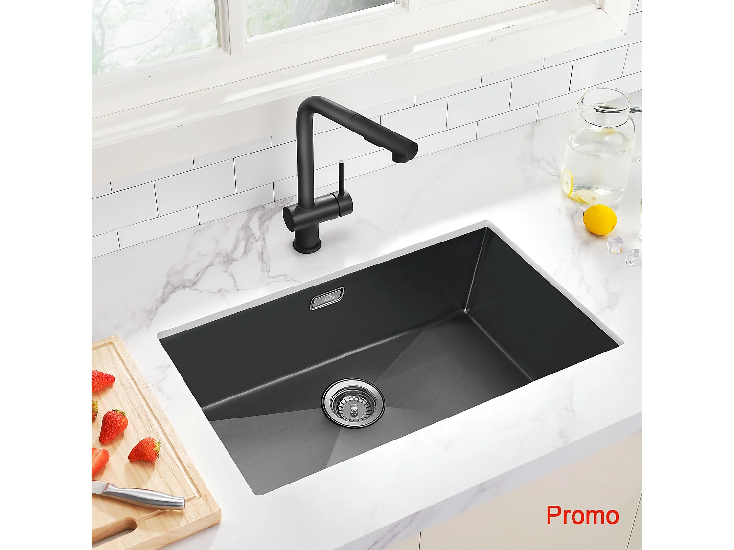 AuraLum Max Évier Cuisine 1 Bac 70*44*19CM Évier Montage à Encastrer,à Fleur/Sous-Plan Acier Inox 304  Évier avec Siphon/Trop-Plein,Noir,EU Modèle