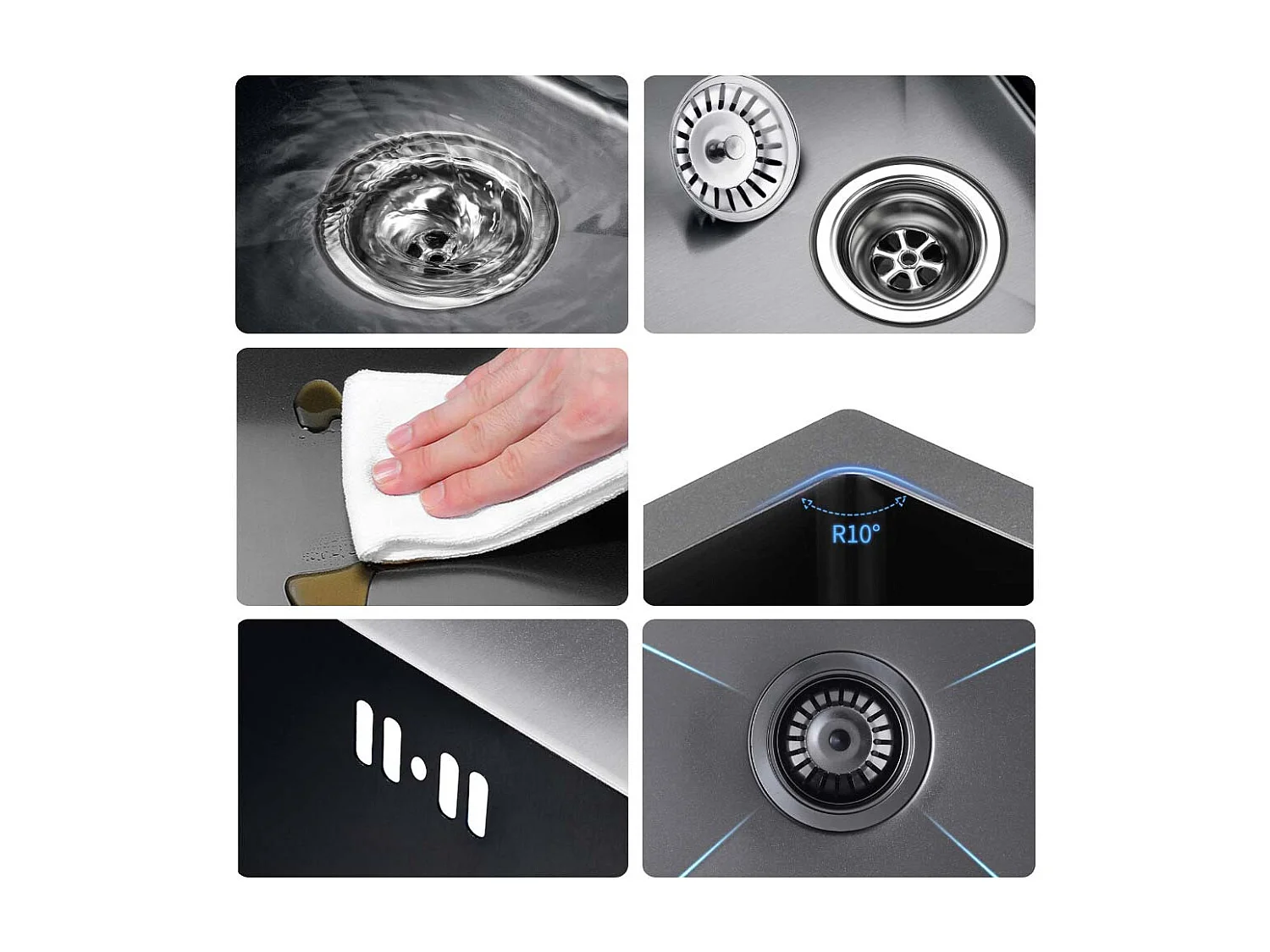 AuraLum Max Évier Cuisine 1 Bac 70*44*19CM Évier Montage à Encastrer,à Fleur/Sous-Plan Acier Inox 304  Évier avec Siphon/Trop-Plein,Noir,EU Modèle