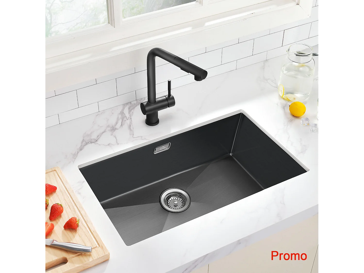 AuraLum Max Évier Cuisine 1 Bac 70*44*19CM Évier Montage à Encastrer,à Fleur/Sous-Plan Acier Inox 304  Évier avec Siphon/Trop-Plein,Noir,EU Modèle