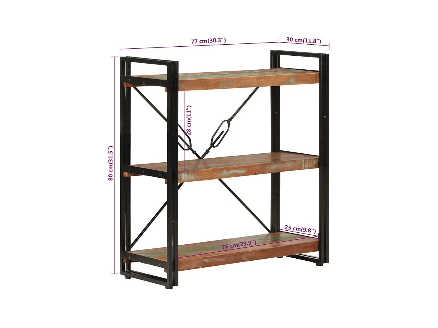 Bibliothèque 3 niveaux 77x30x80 bois récupération massif-fer