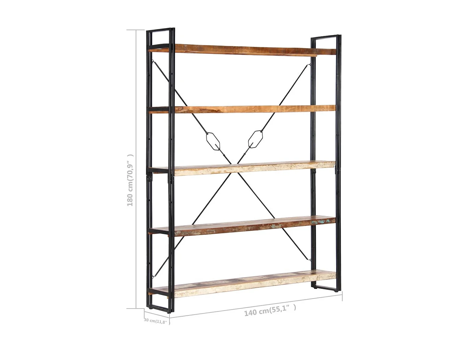 Bibliothèque 5 niveaux 140x30x180 Bois solide de récupération