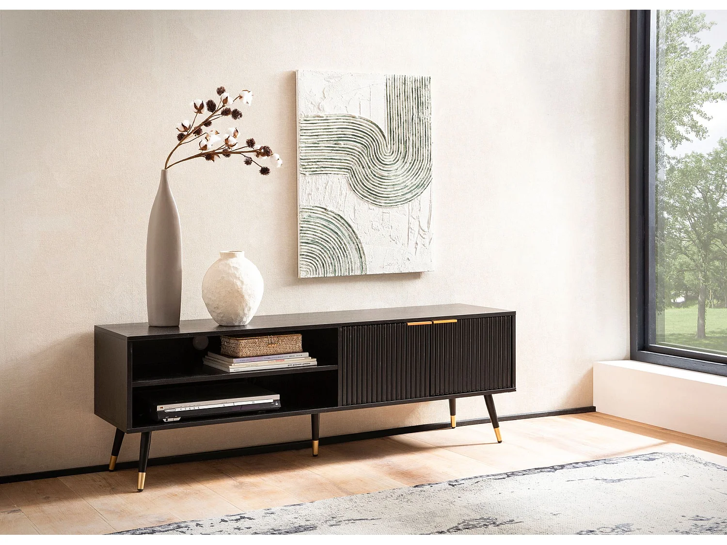 Meuble TV 150 cm Noir Décor Chêne Lowboard Panneau de Télévision Moderne