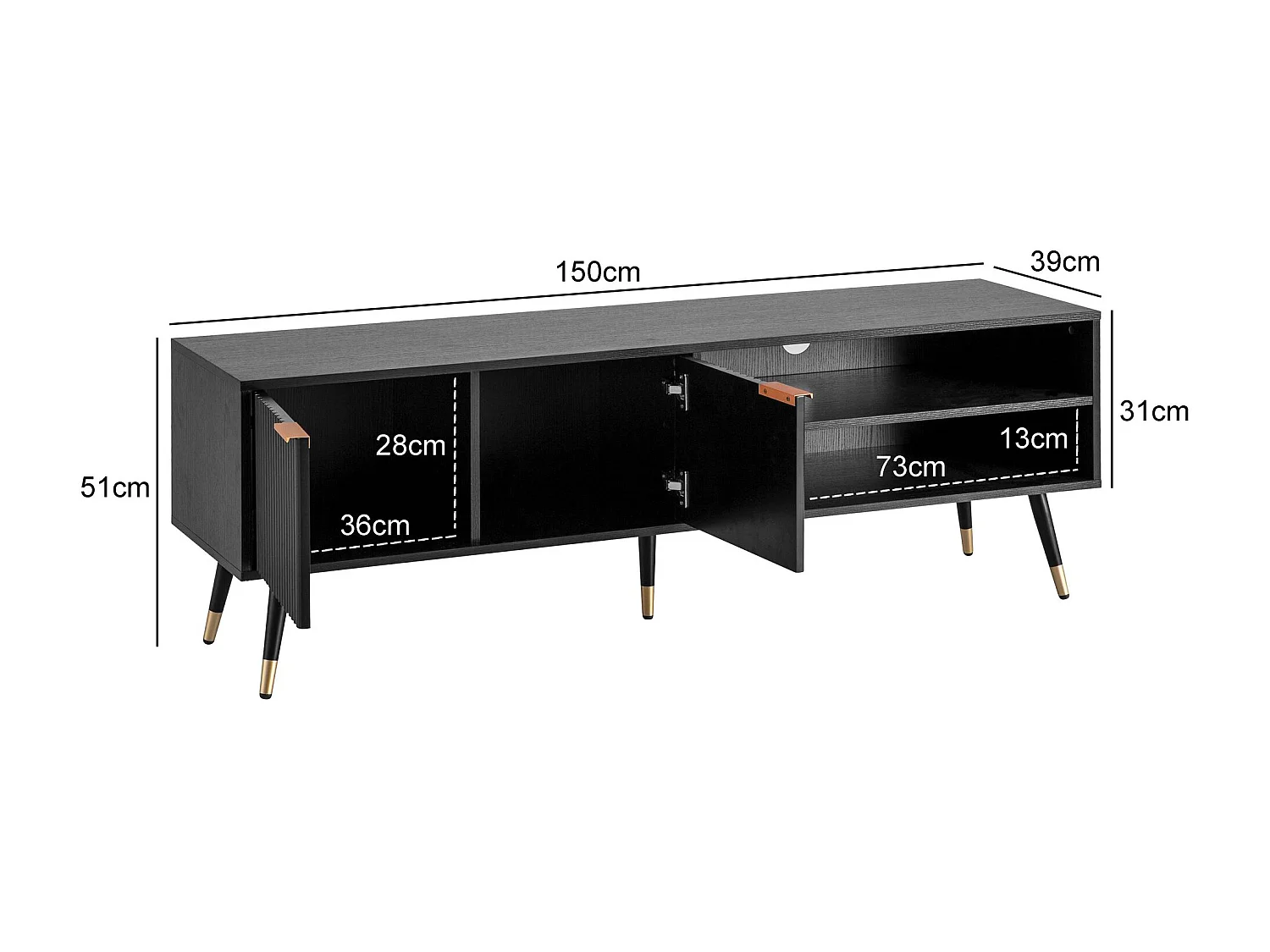 Meuble TV 150 cm Noir Décor Chêne Lowboard Panneau de Télévision Moderne