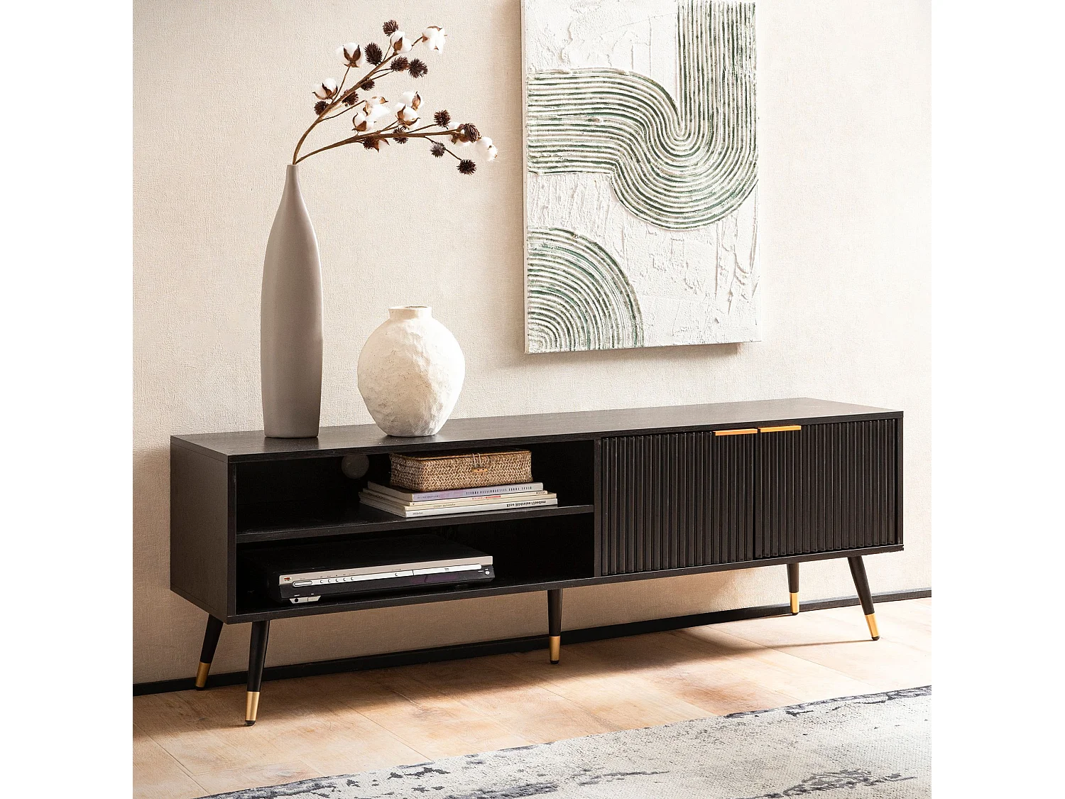 Meuble TV 150 cm Noir Décor Chêne Lowboard Panneau de Télévision Moderne